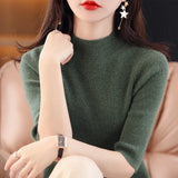 Fongt Summer Slim Head Five Minute Sleeve Bottom Top New Half High Collar Solid Color Simple Medium Sleeve Sweater Women-Outfit