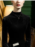 Basic Long Sleeve Tee Womens Velour Tshirt Casual Top Ladies Simple Half Turtleneck T Shirts-Outfit