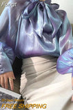 Women's Satin Blouses Stylish Big Bow Shirts 2023 Casual Puff Sleeve Female Solid Baggy Tunic