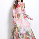 Fongt Senior Sense Printing Set Of Lantern Cuffed Shirt High Waist Swing Skirt Two Sets