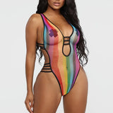 See Through One Piece Swimsuit Women Sexy Deep V Neck Hollow Out Grid High Cut Bodysuit Beachwear One Piece