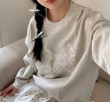 Round Neck Embroidered Bow Pullover Sweatshirt-Outfit