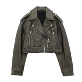 Fongt Women's ZA Autumn And Winter New Slad Zipper Belt Collar Leather PU Jacket