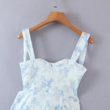 Blue Floral Mini Ruched Slit Bustier Dress-Outfit