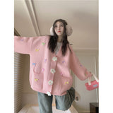 3D Flowers Knitted Cardigan Women Kawaii Bow V Neck Sweater Coat Korean Cute Oversized Knitwear Streetwear Casual Jumper-Outfit