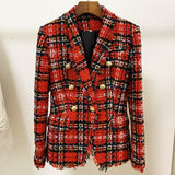 STREET Newest 2022 Designer Jacket Women's Double Breasted Shawl Collar Tassel Fringed Plaid Tweed