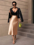 2024 New Women's Satin Slim Skirt Satin Solid Color Medium-Long Buttocks Fishtail Skirt-Outfit