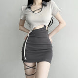Collar Short Sleeves Dress For Women Hollow Out Sexy Bandage Chic Y2k Summer Short Sleeve Mini Irregular Vestidos-Outfit