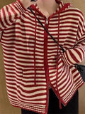 Hooded Striped Long Sleeve Knit Cardigan-Outfit
