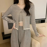 Fongt Summer New Fashion Temperament Sexy Knitted Striped High-Waisted Sling + Long-Sleeved Open-Shirt Two