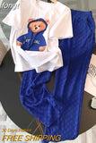 Women's Cute Cartoon Suits White Bear Print O-Neck Short Sleeve T-Shirt + Blue Elastic Waist Trousers 2 Piece Pants Set