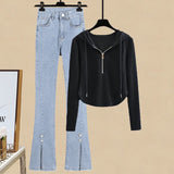 Fongt Slim Hot Girl Top With A Two-Piece Set With Slit Jeans-Outfit