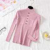Pullover Women Sweater Autumn Knitted Button Long Sleeve Half Turtleneck Female Jumper Elastic Korean Fashion Blouse