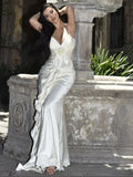 White Satin Flower Ruffles Midi Dress-Outfit