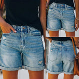 Fongt Autumn And Winter Women's Casual Hole Water Wash Denim Shorts Straight Trousers Tide Brand