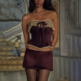 Purple Velvet Corset Crop Top And Mini Skirt Set-Outfit