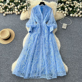 Fongt Retro Elegant Dress Woman 2025 New High-End Collar Single Buckle Waist Embroidery Mesh Dress
