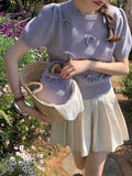 Style Three-Dimensional Bow-Tie Short-Sleeved Sweater Women's 2024 Spring New Sweet Jacket Short-Style Knitted Blouse-Outfit