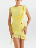 Mesh Ruffle Short Sleeve Top And Mini Skirt Set-Outfit