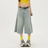 Summer Y2k Retro Women Low Waisted Wash Cropped Baggy Jeans Wide Leg Frayed Denim Short Pants Korean Fashion Pants-Outfit