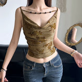 Print Knit Beaded Sling Small Vest Female 2024 Spice Girl Pleated Swing Collar Show Back New Top-Outfit