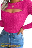 Winter Cutout Knit Sweaters Clothes for Women 2023 2023 Vintage Long Sleeve Cable Knit Round Neck Slim Cropped