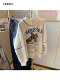 Grey Letter Bear Printing Pullover Sweater Female Loose O-Neck Long-sleeved Knitted Tops Women Autumn and Winter