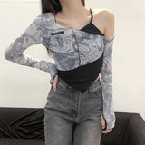 Fongt 2023 New Women's Fashion Print Irregular Sexy Open Shoulder False Two Long-Sleeved Women-Outfit