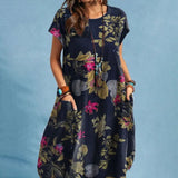 ZANZEA Summer Woman Vintage Dress Bohemian Floral Printed Holiday Casual Robe Vestidos O-Neck Short Sleeve Knee-length