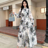 Fongt French Temperament Bow Mid-Long Retro Print Temperament Chiffon Dress Woman