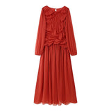 Fongt Women's Clothing Explosion Long-Sleeved Net Folded Dress