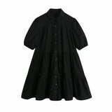 New Lapel Button Solid Color Wide Pendulum Cotton Dress 2648202-Outfit