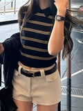 Fongt Lesier Striped Knitted Short-Sleeved T-Shirt Niche Gentle High Wisdom To Reduce The Sense Of POLO Collar Blouse Woman Spring
