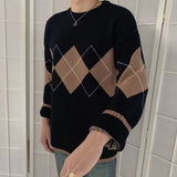 Argyle Sweaters Autumn Winter Pullovers Long Sleeve O-Neck Loose Knitted Korean Tops Casual Vintage Jumper Sueter