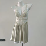 Fongt Pajamas Woman 2025 New Pure Desire Embroidered Bare Back With Sling Ribbon Silk Silky Noodle Skirt Home Clothes Thin