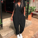ZANZEA Fashion Summer Rompers Women Solid V Neck Long Jumpsuits Casual Loose Short Sleeve Overalls Harem Pants
