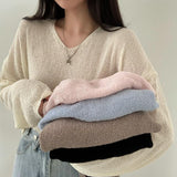 Solid Color V-Neck Oversized Knitted Tee-Outfit
