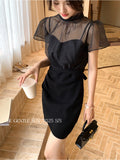 Fongt Xixi 2025 Summer New Korean Version Of Short Mesh Hoodie + Sling Dress Two Sets Of Women 88395