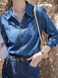 Fongt Dark Blue Soft Cowboy Shirt Women In Autumn And Winter Wearing Long-Sleeved Shirts Small Shoulders