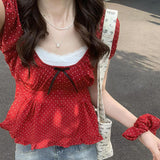 Polka Dot Bow Patchwork Short Sleeve Tee-Outfit