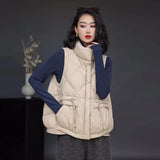 White Duck Down Down Vest Female 2024 Light Standing Collar Design Sense Draw Rope Warm Vest Wearing Casual Vest-Outfit