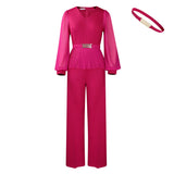 Fongt Women's Elegant Fashion Office V-Neck Long Sleeves Folded Waist Tops Wide-Legged Trousers All-Legged Set