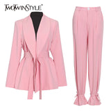 Casual Pink Trouser Suits Female Notched Long Sleeve Korean Slim Blazer High Waist Wide Leg Pants Women's Suit