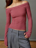 Women Slim Off-Shoulder Tees Tops Solid Color/Striped Print Long Sleeve Slash Neck T-Shirts Clubwear Spring Fall 2023-Outfit