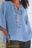Quarter Sleeve Gray Vintage Office Top Retro Women Summer Solid V Neck Pullover Loose Casual Streetwear Femme Blouse