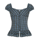 Fongt Girl Age-Sensitive French Retro Checkered Low-Chest Shoulder Short-Sleeved T-Shirts Single-Breasted Buckle Thin Top