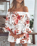 Fongt Sexy Fashion One-Word Shoulder Print Dress Women's Spot-Outfit