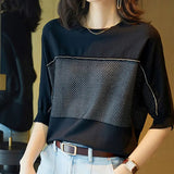 Casual Batwing Sleeve Loose T-shirt Korean Solid Color Spliced Female Clothing Fashion Diamonds O-Neck Knitted Pullovers-Outfit