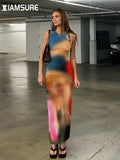 Tie Dye Printed Split Dress Holiday Sexy Slim Sleeveless O-Neck Maxi Dresses For Women 2022 Beach Style Straight