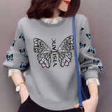 Spring Autumn Butterfly Printed Letter Sweatshirts Korean Loose Female Clothing Casual Round Neck Lace Patchwork Pullovers-Outfit